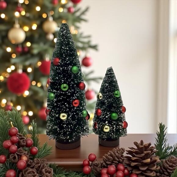 Bottle Brush Trees Set /2 Multicolored Ball Ornaments Table Top Decor 12"/ 8.5" - Picture 3 of 3